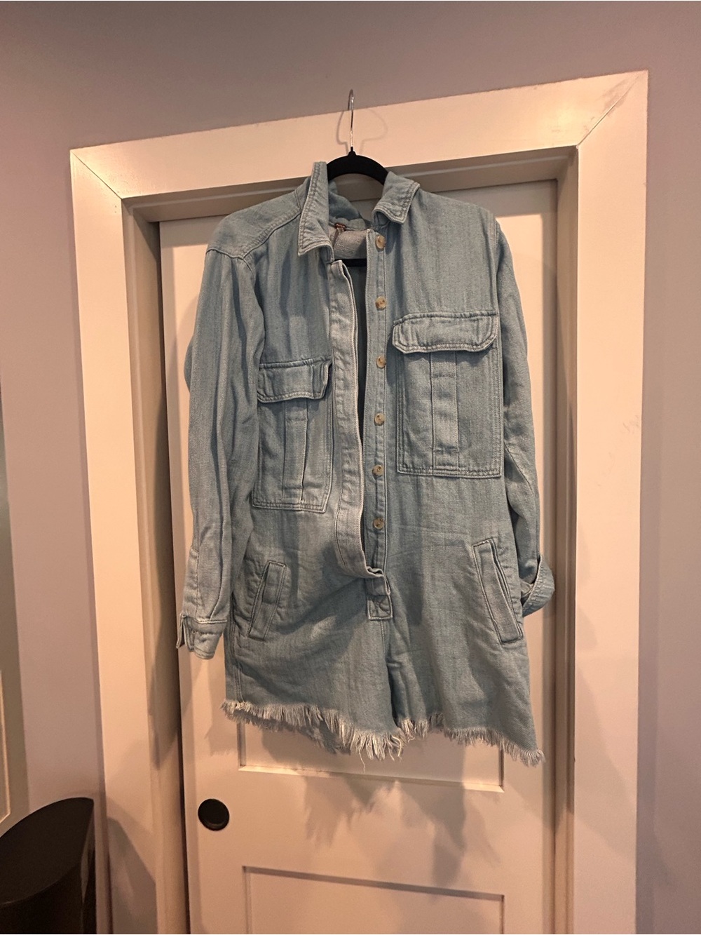 Free People Light Wash Denim Utility Romper with Frayed Hem